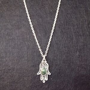 Silver Hamsa Pendant Necklace with Green Stone